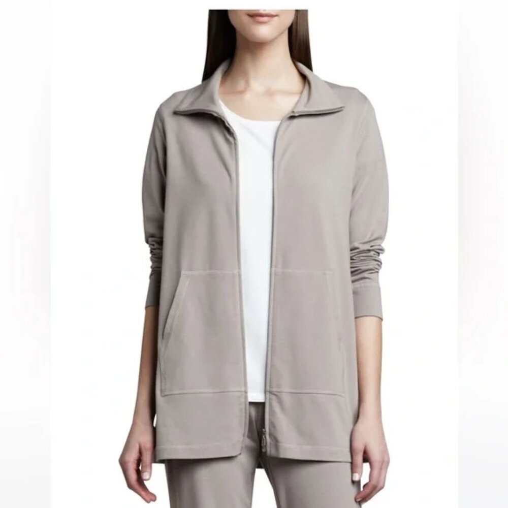 Eileen Fisher Organic Cotton Stretch Jersey Zip Up Jacket Sweatshirt in Stone L